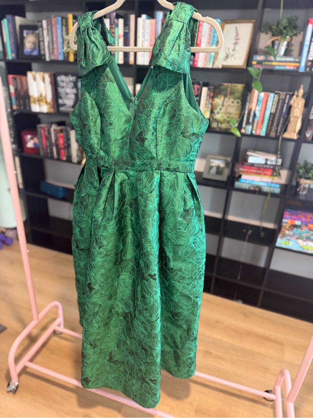 Emerald Green Floral Jacquard V-Neck Dress